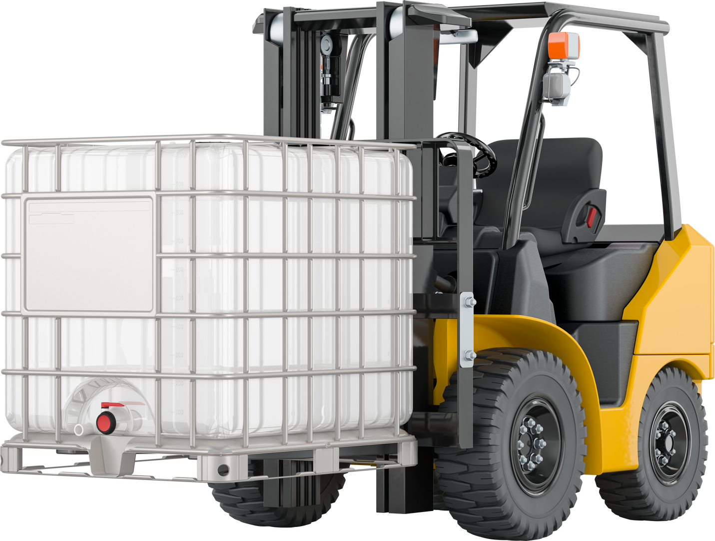 Forklift truck with intermediate bulk container, 3D rendering isolated on transparent background